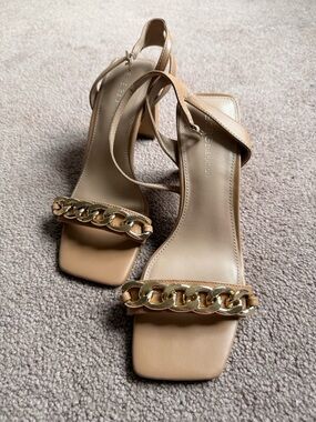 BCBGeneration Tan Slingback Heels with Gold Chain